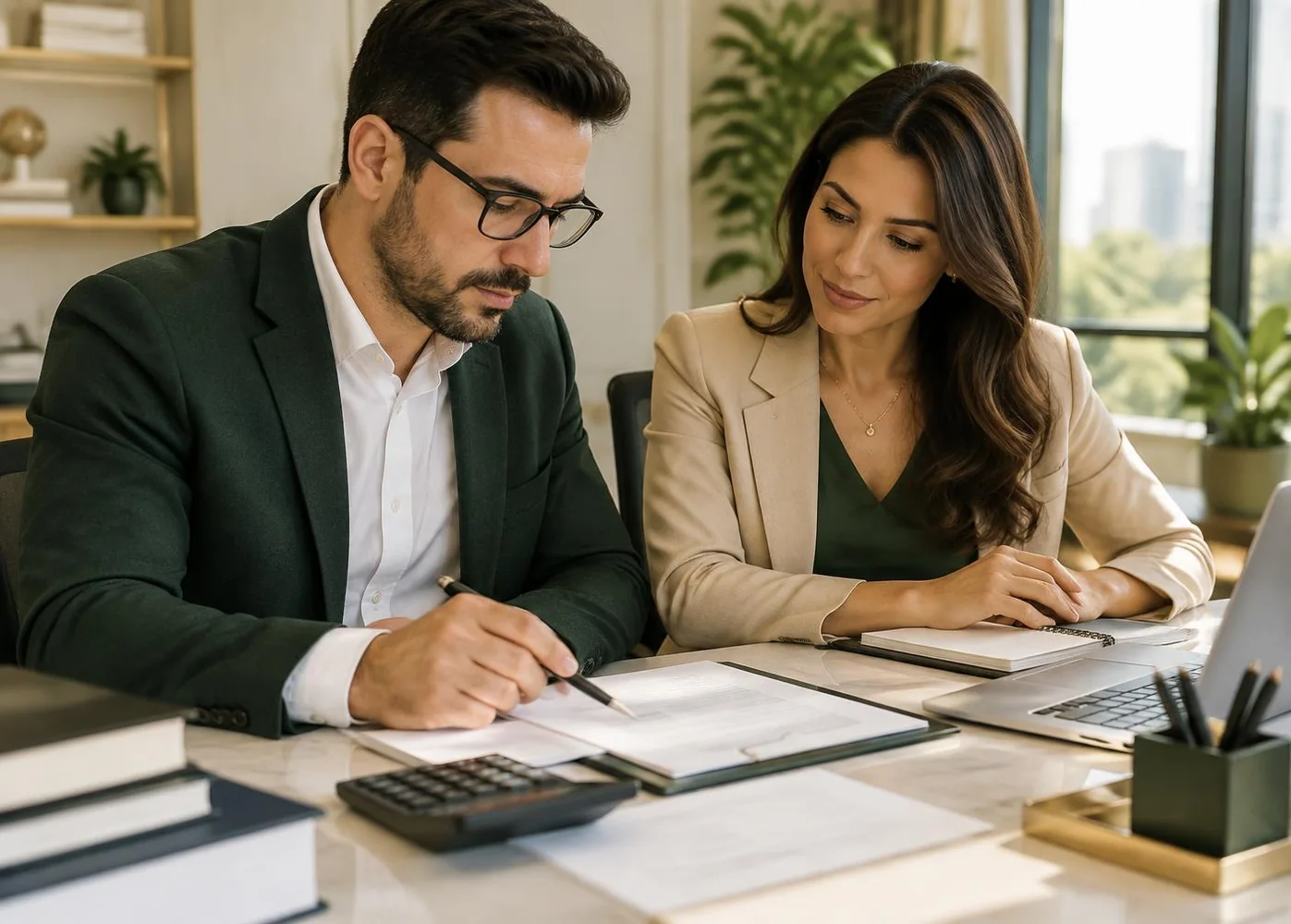 Profissionais analisando documentos durante consultoria contábil