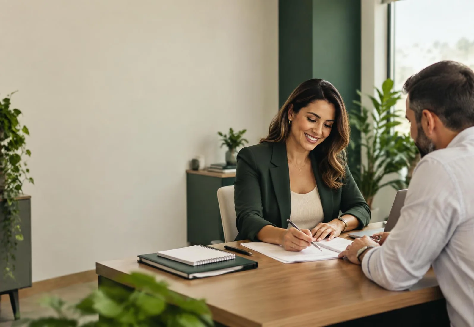 Profissional de contabilidade orientando um cliente em escritório
